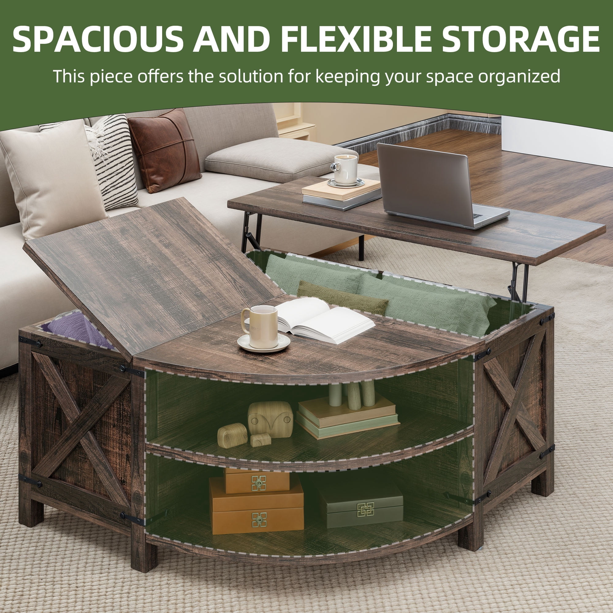 Uforic Farmhouse Lift Top Coffee Table with Storage & Power Outlets, Dark Oak