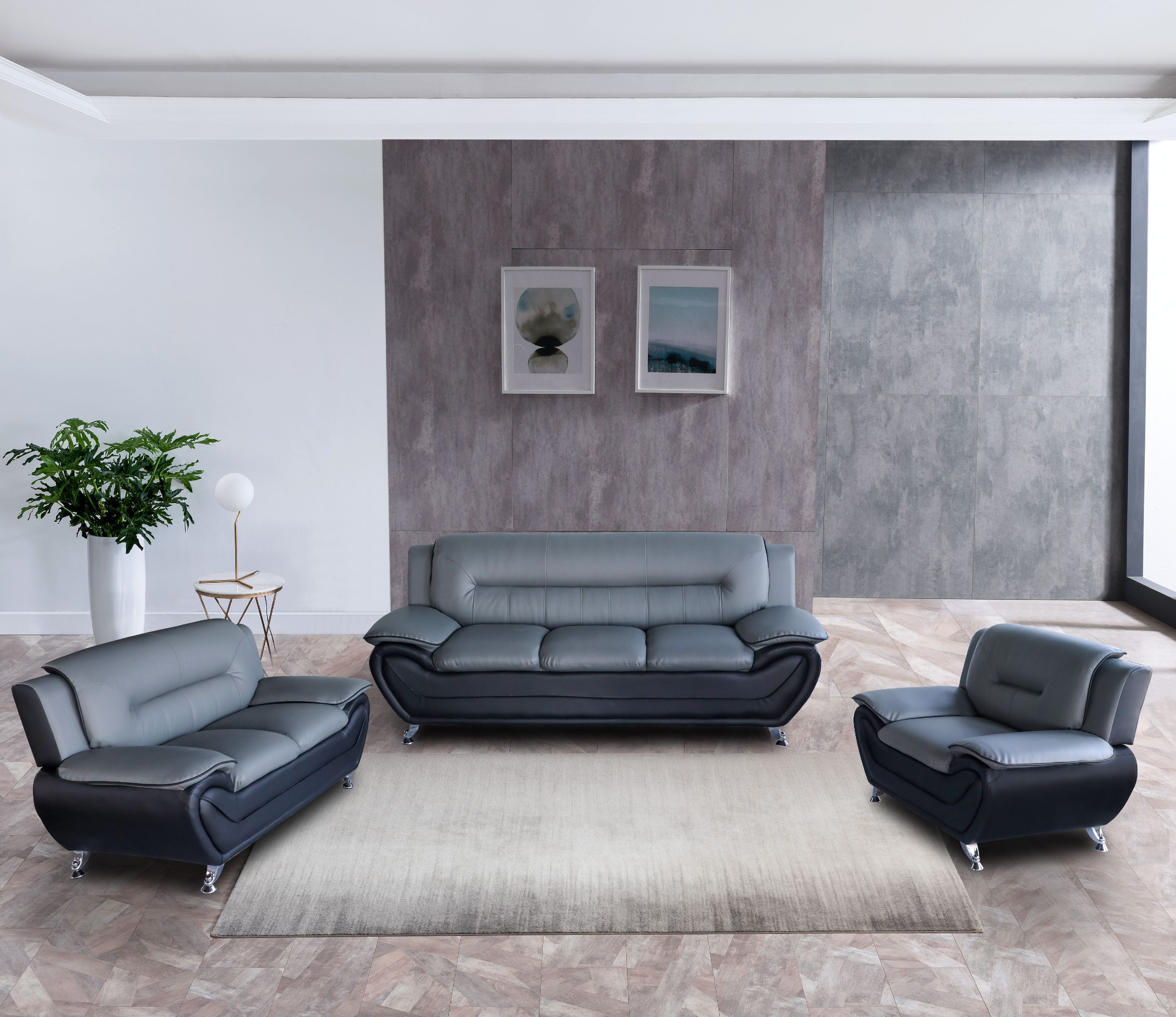 Norton GrayBlack Faux Leather 3 PC Modern Living Room 