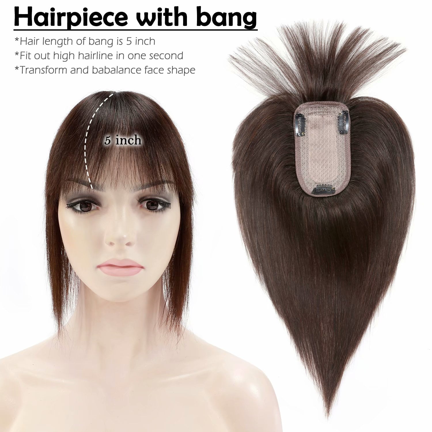 Benehair 100% Real Remy Human Hair Extensions Clip In Hairpiece with Bang Topper Toupee Women Hair Loss Silk Base Seamless 150% Density Brown