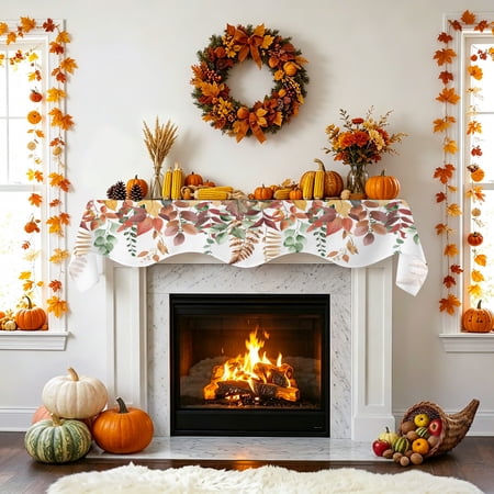 Fall Eucalyptus Leaf Fireplace Mantel Scarf Red Green Leaves Hazelnut Plant Mantel Scarf Scarves Fireplace Top Runner Cover for Holiday Party Home Decorations 90x17in