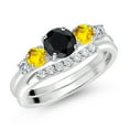 thumbnail image 2 of Gem Stone King 10K White Gold Black Sapphire Yellow Sapphire and White Lab Grown Diamond 5 Stone Bridal Engagement Wedding Ring Set for Women (1.07 Cttw, Round: 5MM and 3MM, Size 5), 2 of 4