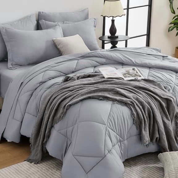 Light Grey Queen Comforter Set - 7-Piece All Season Bed in a Bag Queen, Ultra Soft Bedding Set with Comforter, Flat Sheet, Fitted Sheet, Pillowcases, Pillow Shams, Light Gray