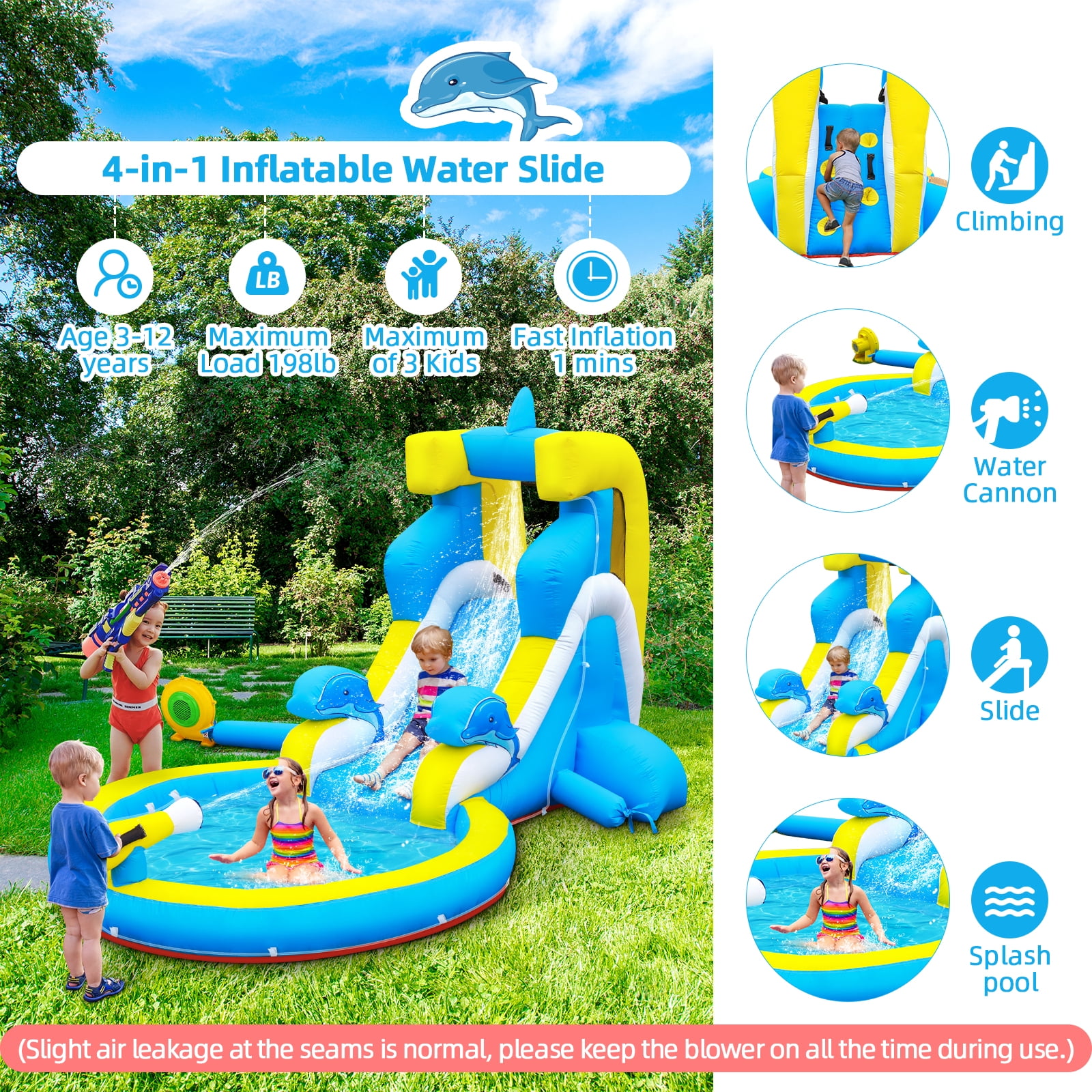 Inflatable Water Slide: 4 in 1 Bounce House Water Park Dolphin Style for Kids - Climbing Wall Splash Pool Water Cannon - 370W Blower - Wet & Dry Indoor Outdoor Backyard Birthday Party
