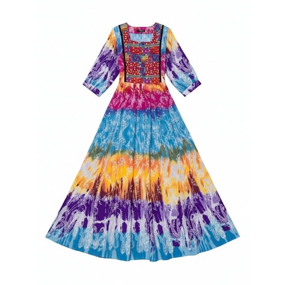 Women's Boho Rainbow Tie Dye Maxi Dress 3/4 Sleeve Square Neck Ethnic Patchwork Swing Resort Dress