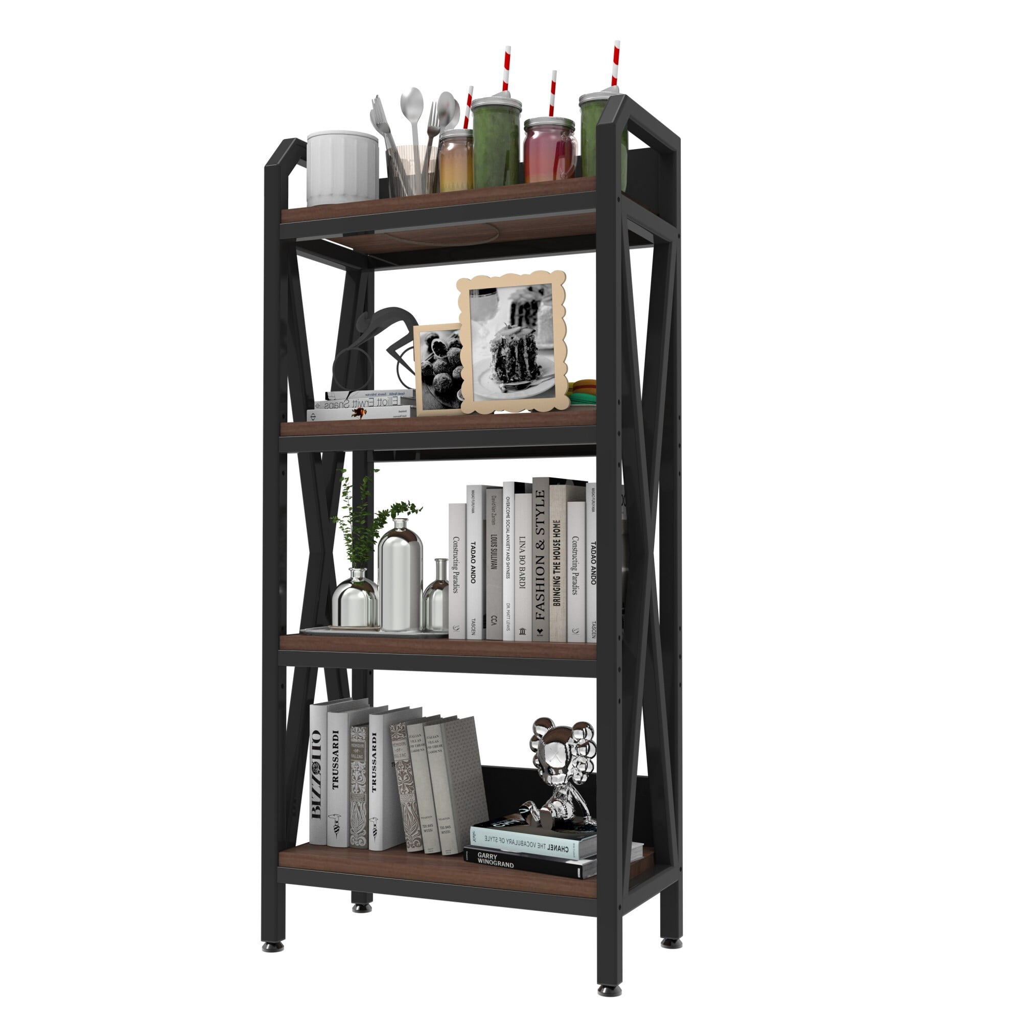 AENKYO 25.6" Wide 4-Tier Kitchen Storage Rack, Heavy-Duty Steel Frame with Rustic Wood Shelves, Metal Pantry Organizer, Black