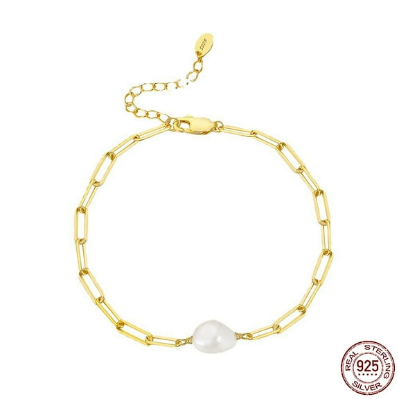 Natural Freshwater Pearls Bead Link Bracelets with Adjustable 925 Sterling Silver Paperchip Chain Bracelets for Women with S925 Stamp Real 14K golden Plated 7-1/8 inch(18cm)