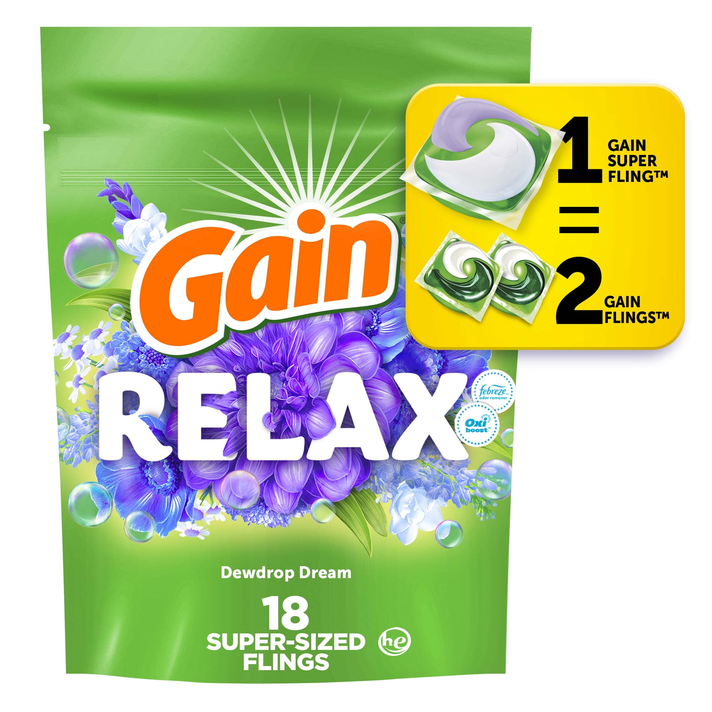 Gain Relax Super-Sized Flings Laundry Detergent Packs, Dewdrop Dream Scent, 18 Count