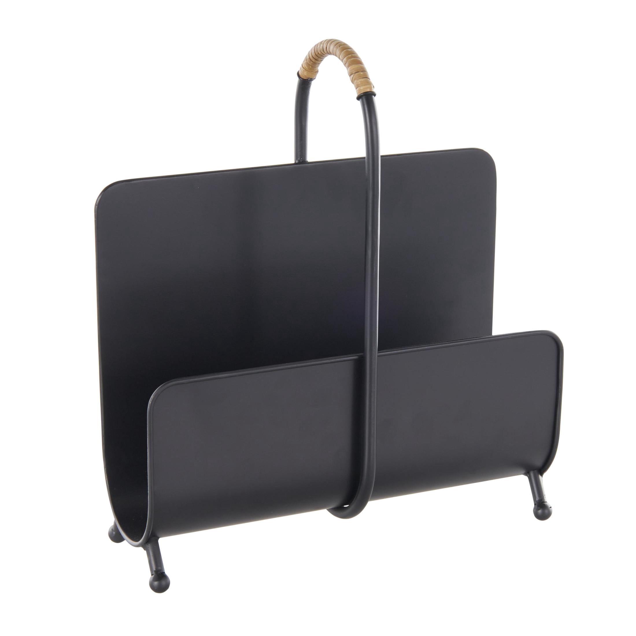 DecMode 15" Black Metal Matte Curved Magazine Holder with Rattan Loop Handle