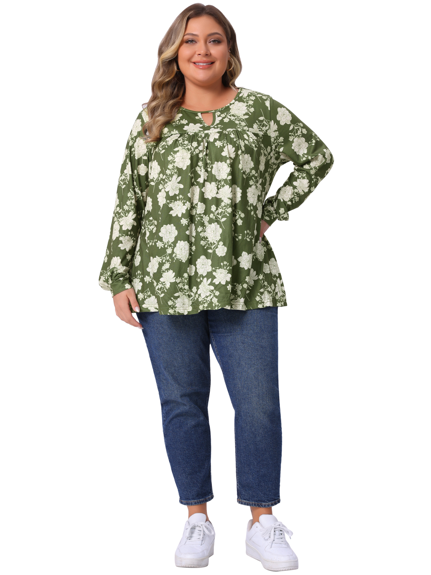 DARING DIVA Women's Plus V Neck Keyhole Pleated Floral Blouse 4X Army Green