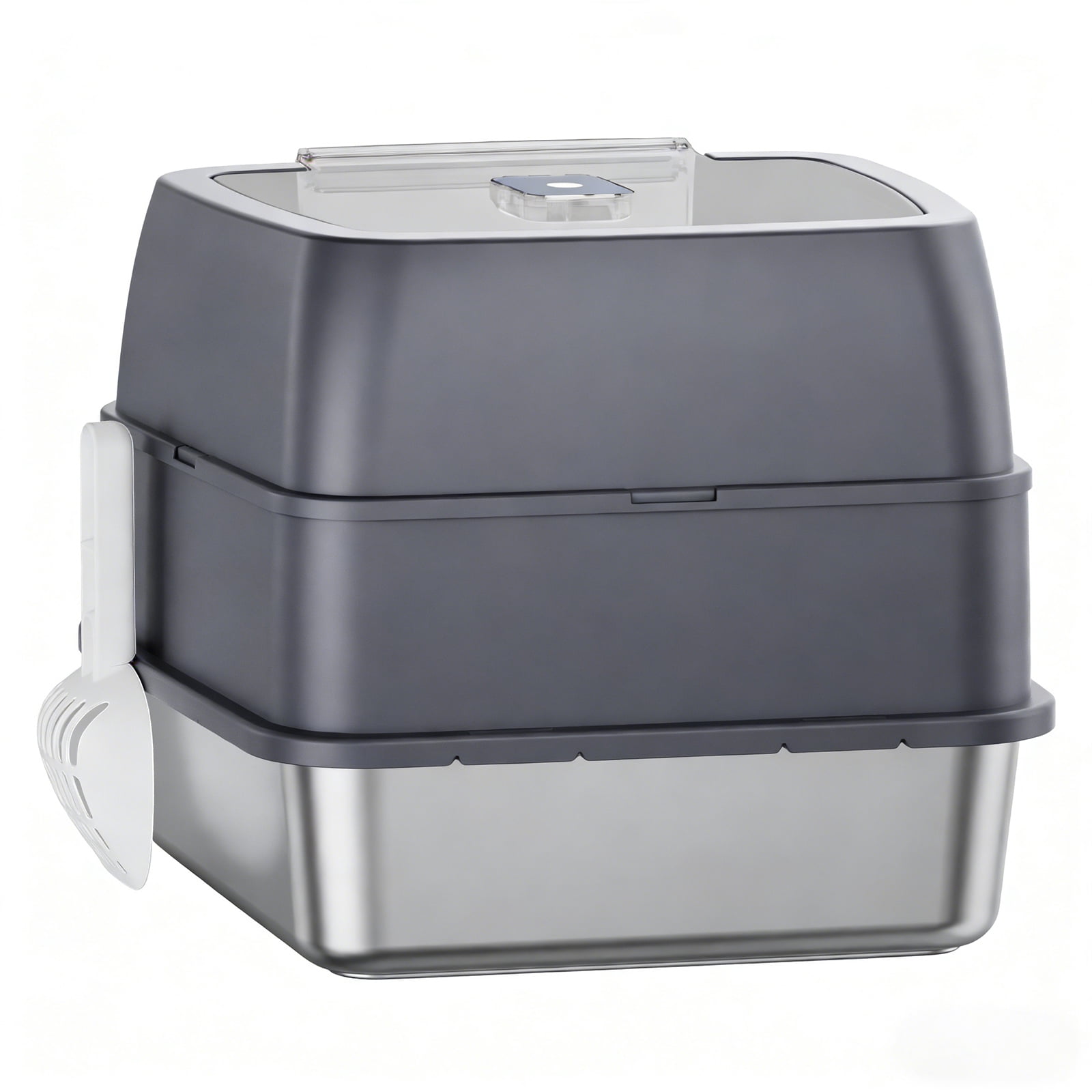Flip-Top Enclosed Cat Litter Box, Stainless Steel Litter Pan with Plastic Bottom Basin, Activated Carbon Odor Control Splash Proof Dog-Proof Cat Toilet with Litter Scoop and Double-Layer Mat