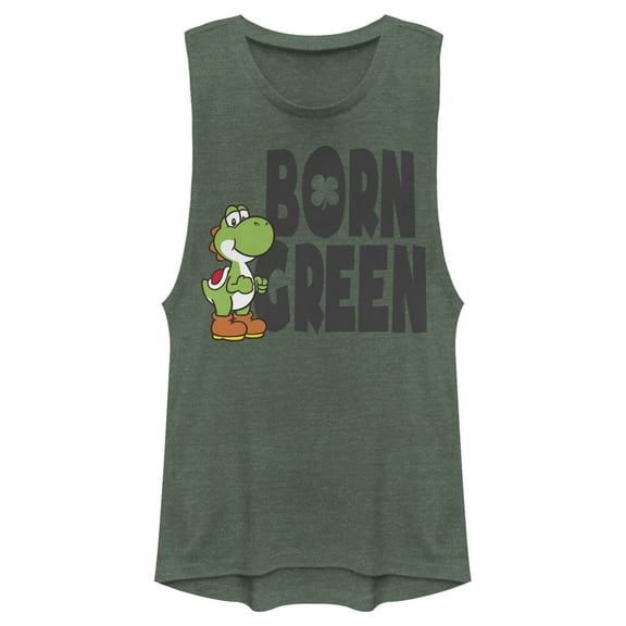 Junior's Nintendo Super Mario Yoshi St. Patrick's Born Festival Muscle Graphic Tee Pine Green Heather Medium