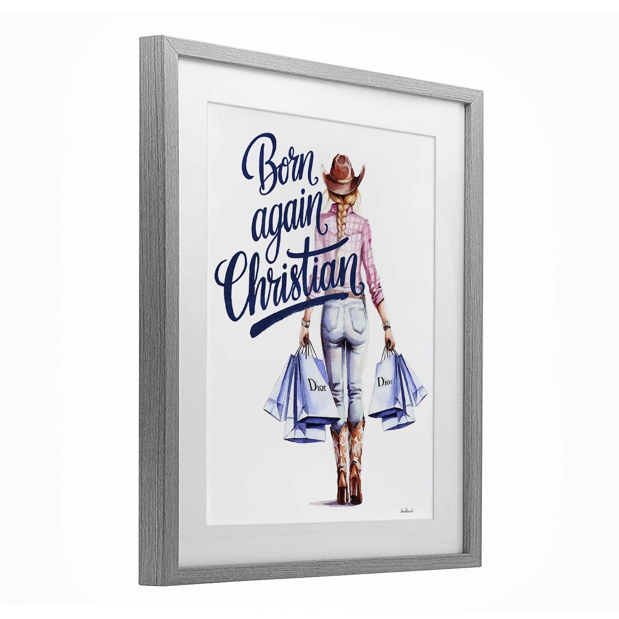 Born Again Christian Cowgirl Gray Framed Print Under Glass, design by Amanda Greenwood