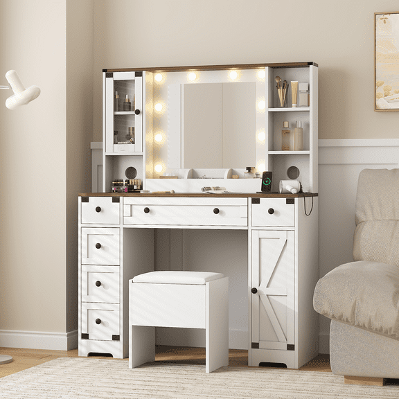 Kicctian 6-Drawer Farmhouse Vanity Desk with 3-Light Mirror & Charging Station - White Dressing Table Set with 2 Cabinets & Cushioned Stool
