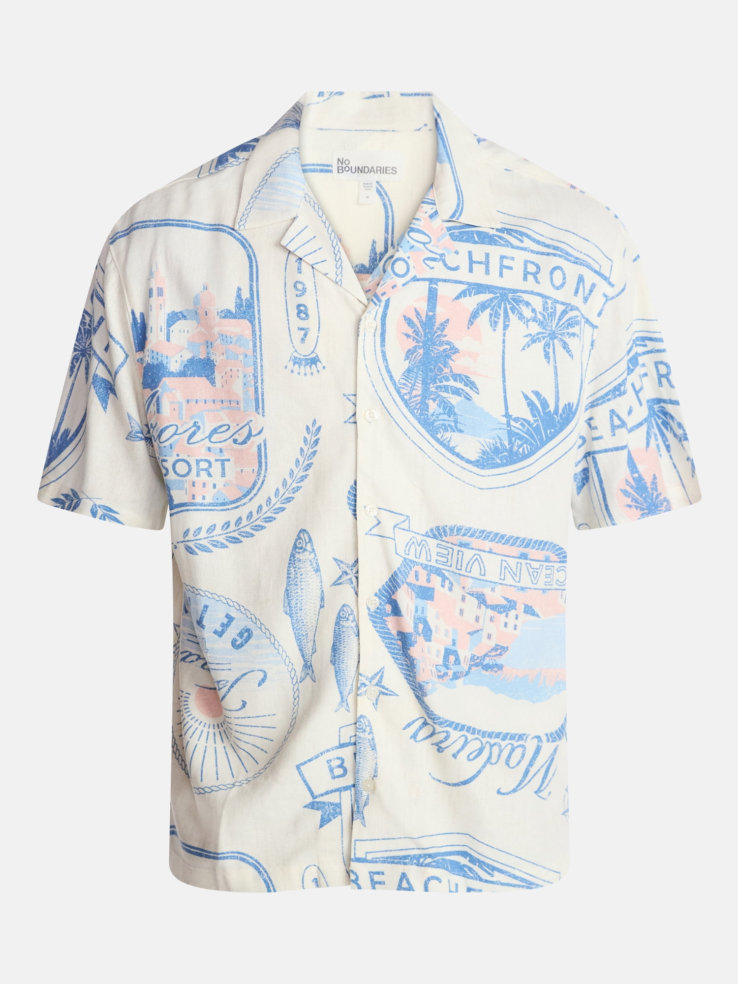 No Boundaries Boxy Fit Linen Blend Patterned Resort Shirt, Men's XS-4XLT