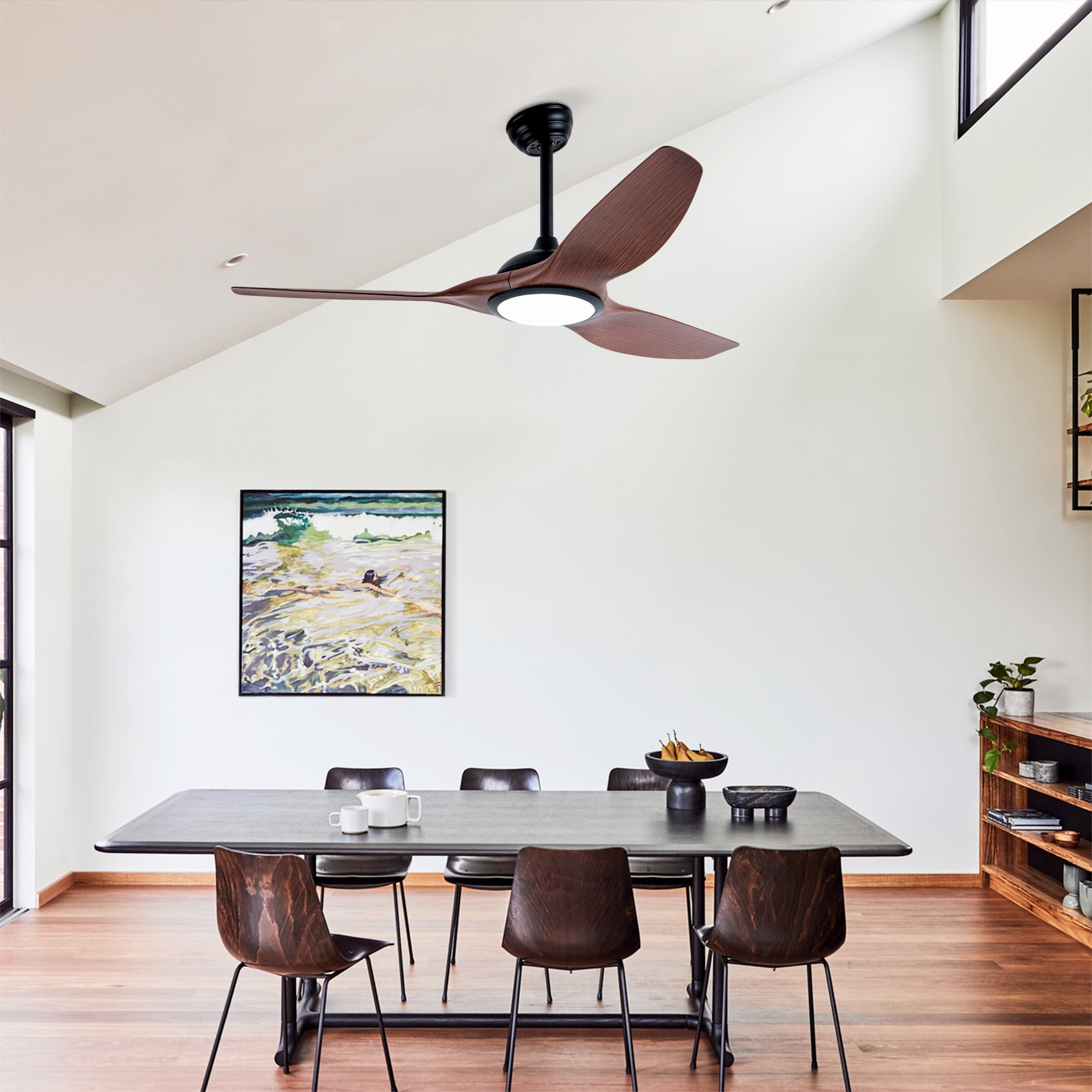 52 Inch Ceiling Fan With Light Kit LED Light Source ABS Blades, DC 6 Speed, Remote Control, Adjustable Height Ceiling Fan for Patio Living Room, Bedroom, Office, Indoor