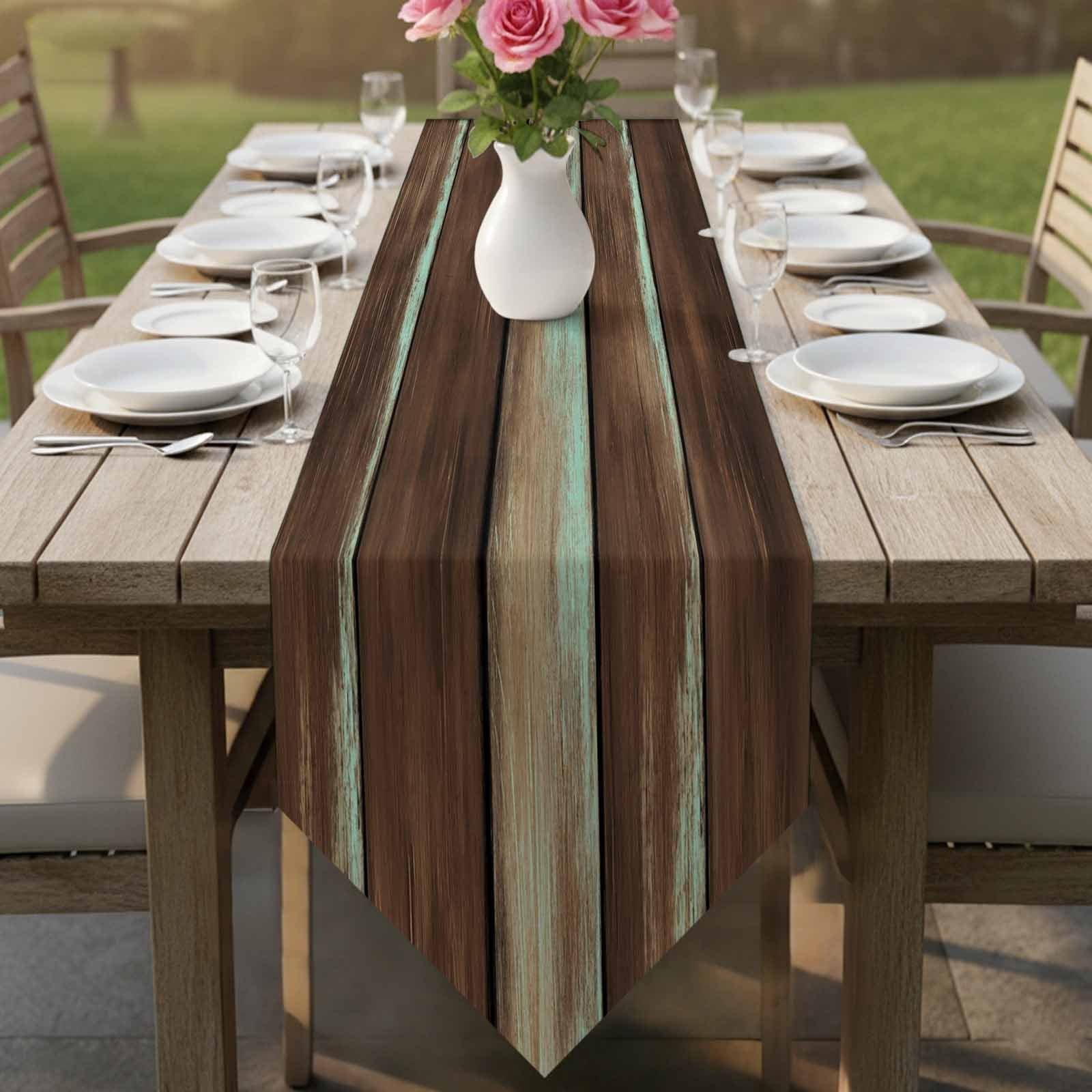 Table Runners 120 Inches Long, Brown Teal Wooden Cotton Linen Kitchen Dining Coffee Table Runner for Party Home Decor, Vintage Farmhouse Retro Art Tabletop Dresser Scarves Runner Decor 13x120 Inch