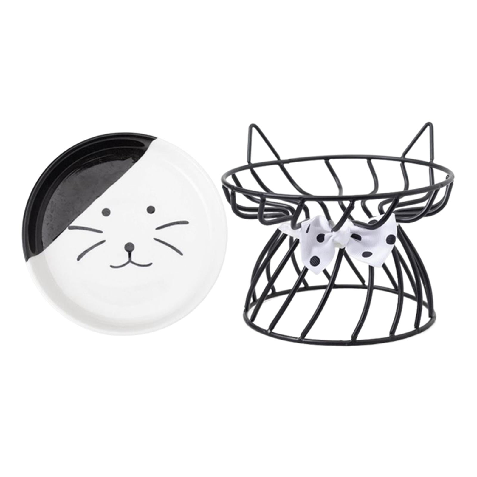 Ceramic Cat Bowl, Elevated Cat Food Bowl with Metal Stand, Black