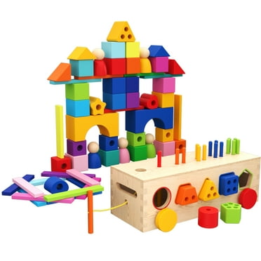 Atoylink Wooden Building Blocks Set for Toddlers Large Stacking Blocks in 20  Activities Kids Wooden Toys Preschool Montessori Educational Toys for 1 2 3 4 Year Old Boys Girls Christmas Gifts