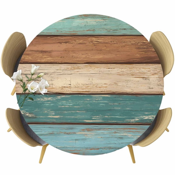 Farmhouse Teal Brown Table Cloth, Round Fitted Tablecloths with Elastic Edge, Vintage Retro Wooden Wipeable Waterproof Table Cover for Kitchen Wedding 36-44 Inches