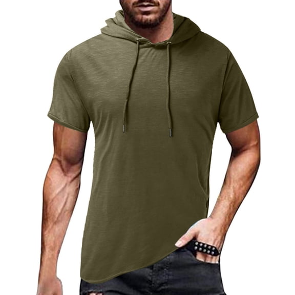 Rggeeun Men Tee Solid Color Short Sleeve Hoodie With Pockets Drawstring Summer Sports Shirt Leisure Breathable Lightweight Tee,Army Green,L