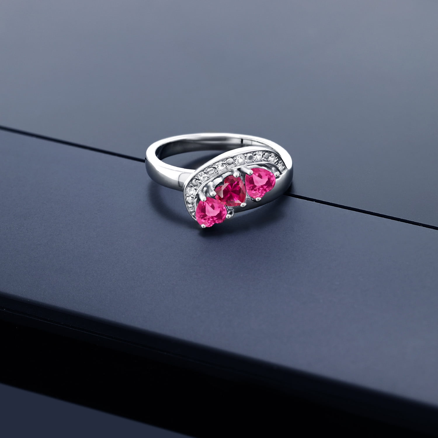 Gem Stone King 1.36 Cttw Red Created Ruby Pink Created Sapphire and White Created Sapphire Engagement Ring for Women | 925 Sterling Silver | Heart 4MM | Available in Size 5, 6, 7, 8, 9 | Size 7