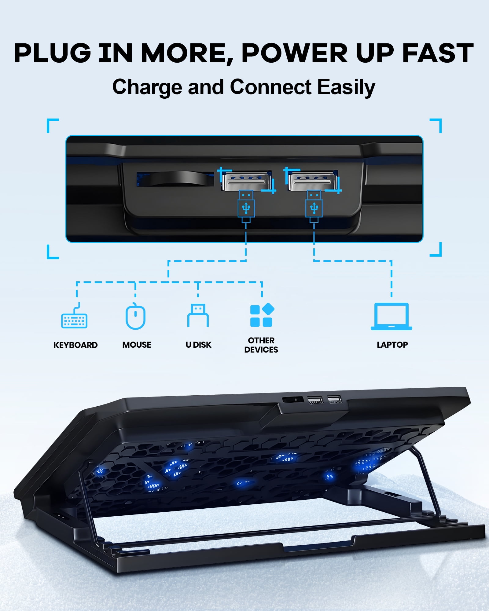 Atzeste Laptop Cooling Pad for Laptops, Laptop Cooler with 6 Quiet Cooling Fans for 12''-17.3'' Laptops, Height Wind Speed Adjustable Laptop Cooling Stand, 2 USB Ports and Phone Stand, Black