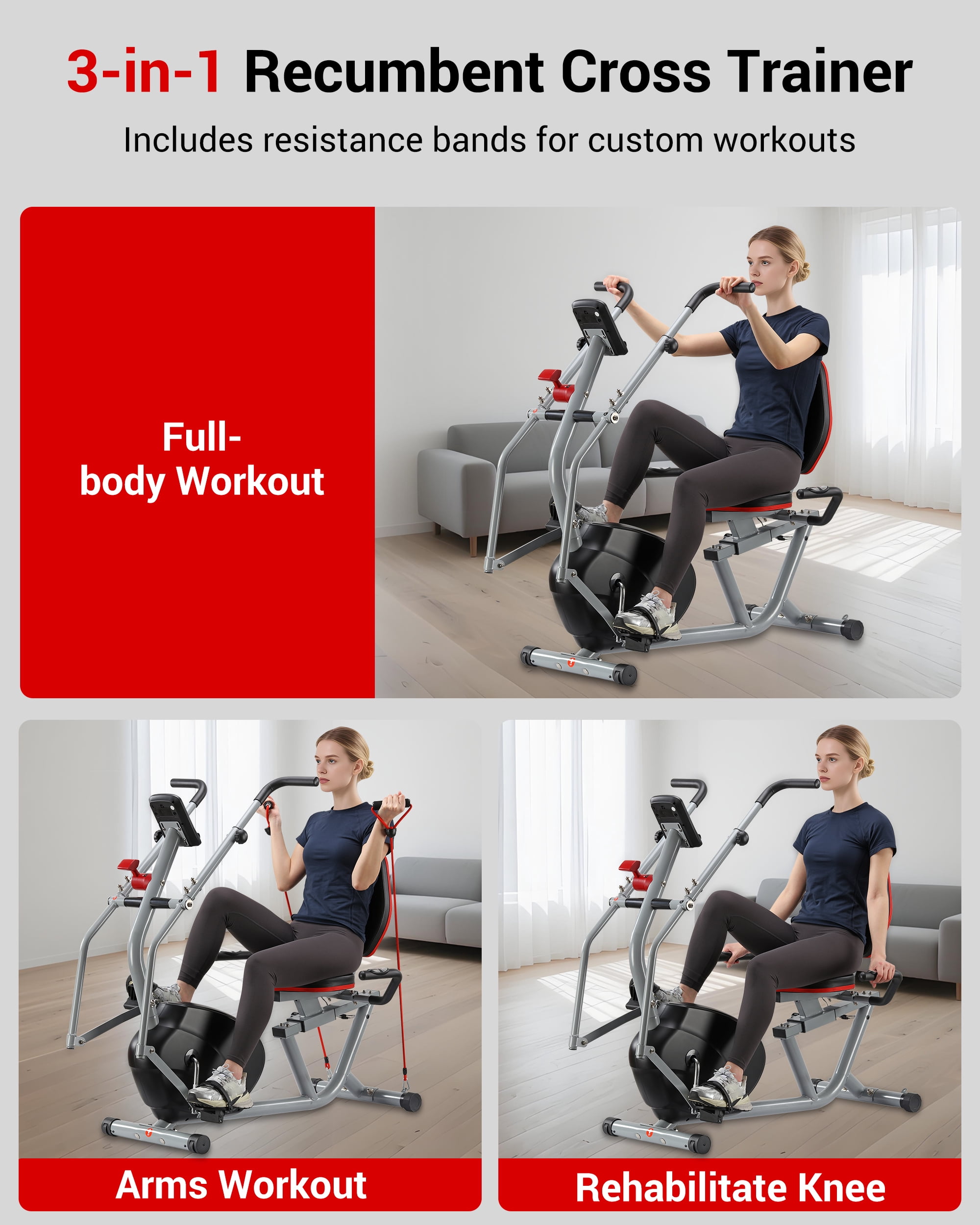 Recumbent Exercise Bike with Arm Exerciser for Home - Elliptical Recumbent Cross Trainer with Backlit Display, Pulse Sensor, 8-Level Magnetic Resistance, 380LBS Weight Capacity