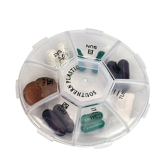 FELTECHELECTR Mini pastillero redondo con 7 compartimentos, diseño transparente y portátil para viajes en casa.
