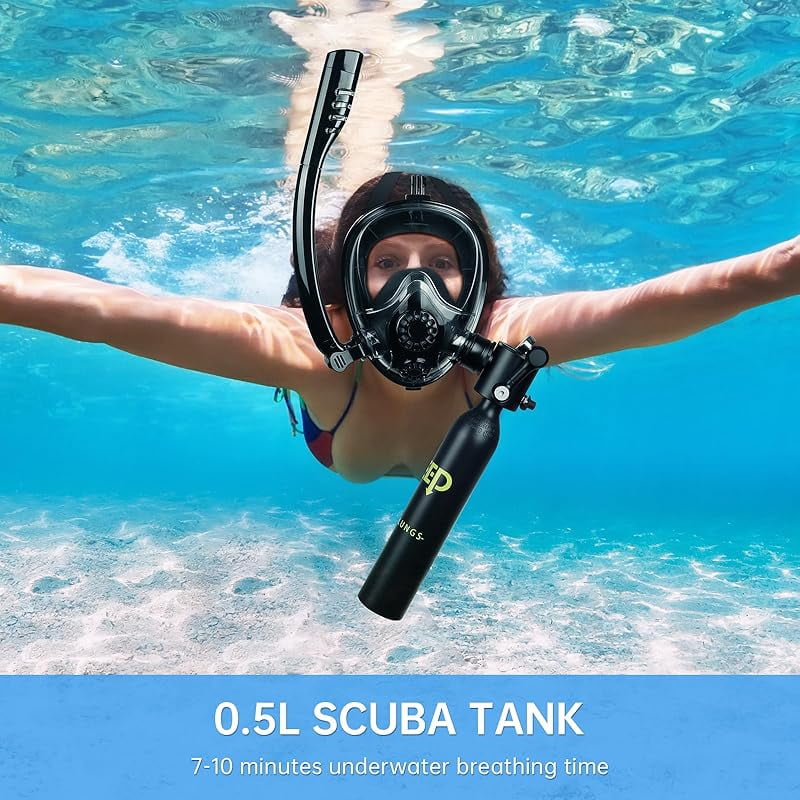 0.5L Scuba Diving Tank with Full Face Snorkel Mask, Support About 7-10 Minutes, Lung Tank Sub Mask for Snorkeling, Underwater Exploration