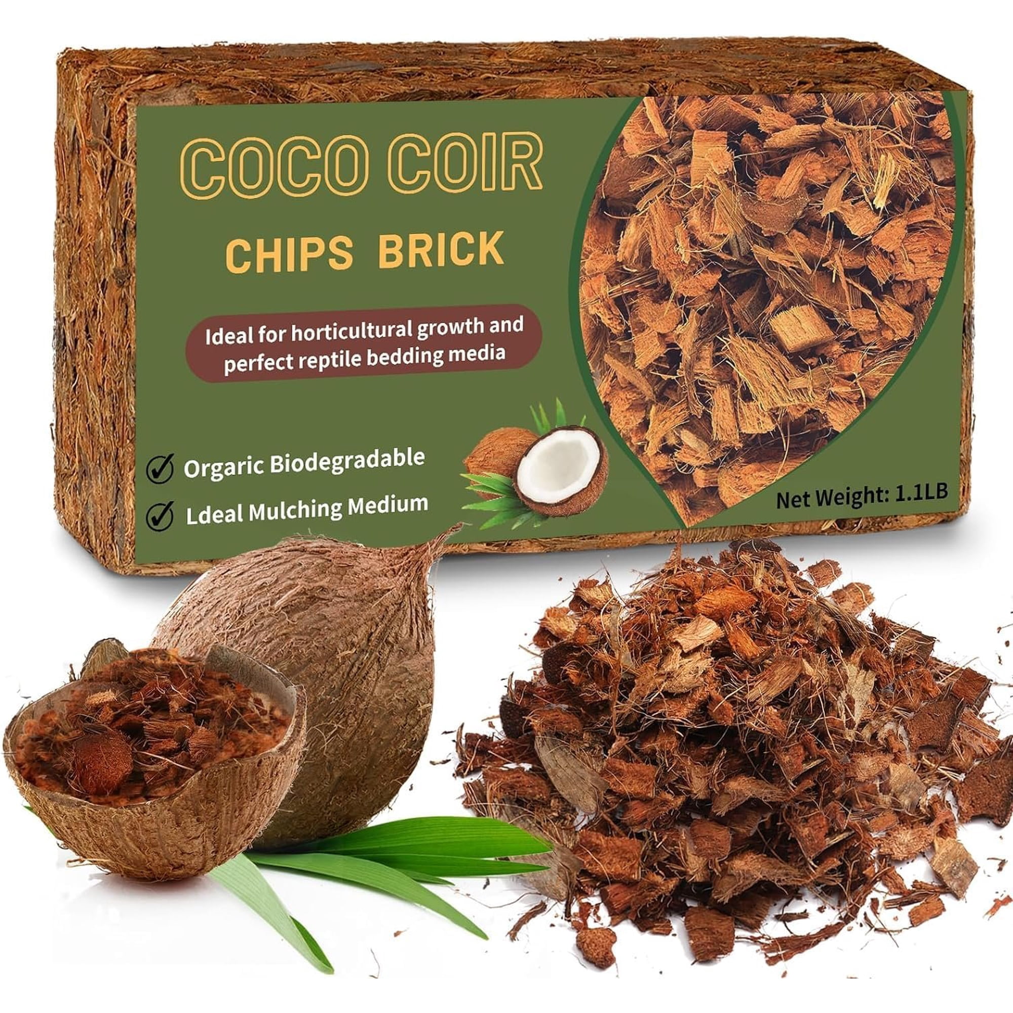 Coco Chips Substrate 1.1 LB, Coconut Husk Brick with Low EC and pH Balanced, Easy to Expand Coco Coir Mulch Medium for Garden & Reptile Bedding (1 Pcs)