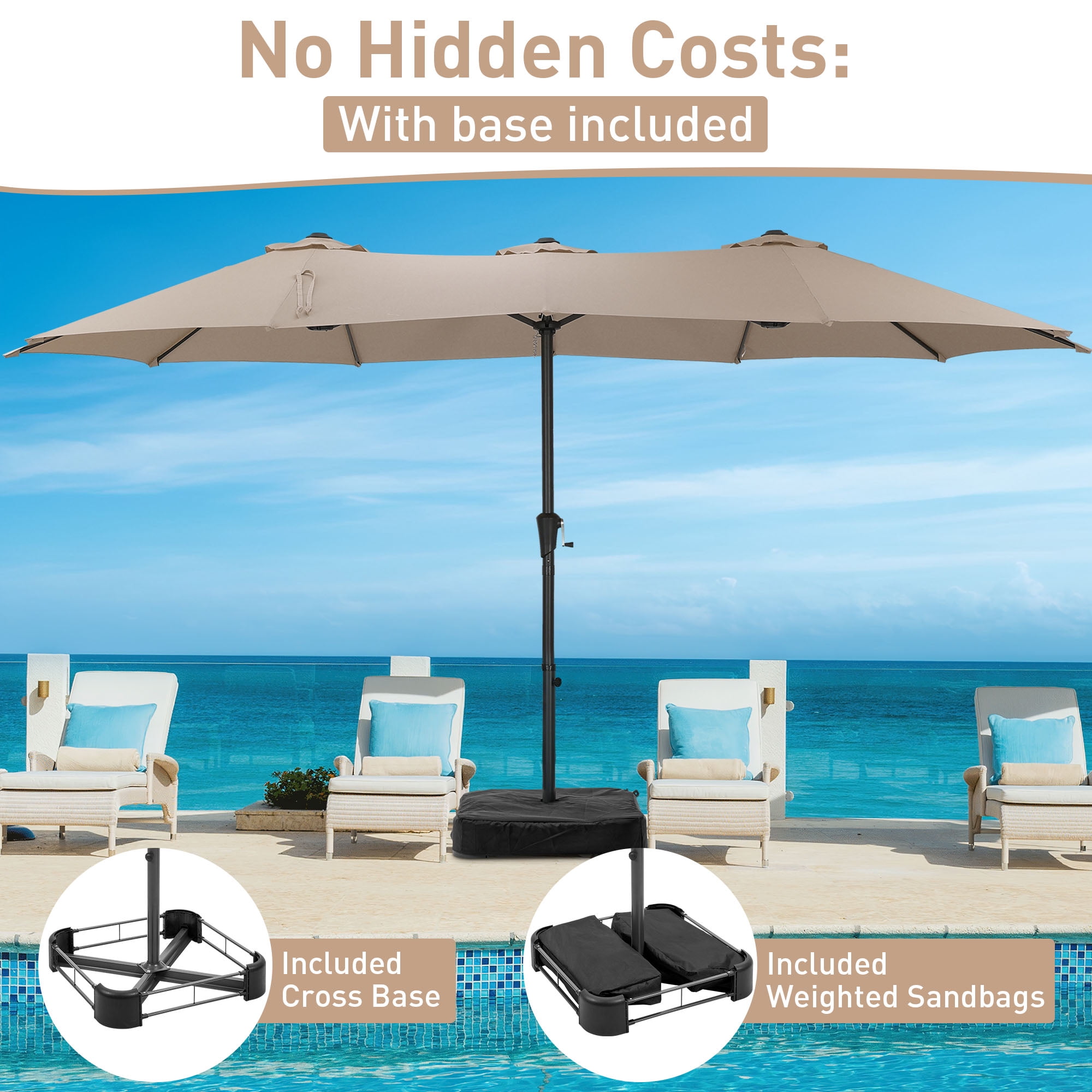 Autlaycil 15' Pool Patio Umbrella and Umbrella Base,Extra Large Umbrella with Crank, for Outdoor, Market, Beach, Garden, Yard, Party, Khaki