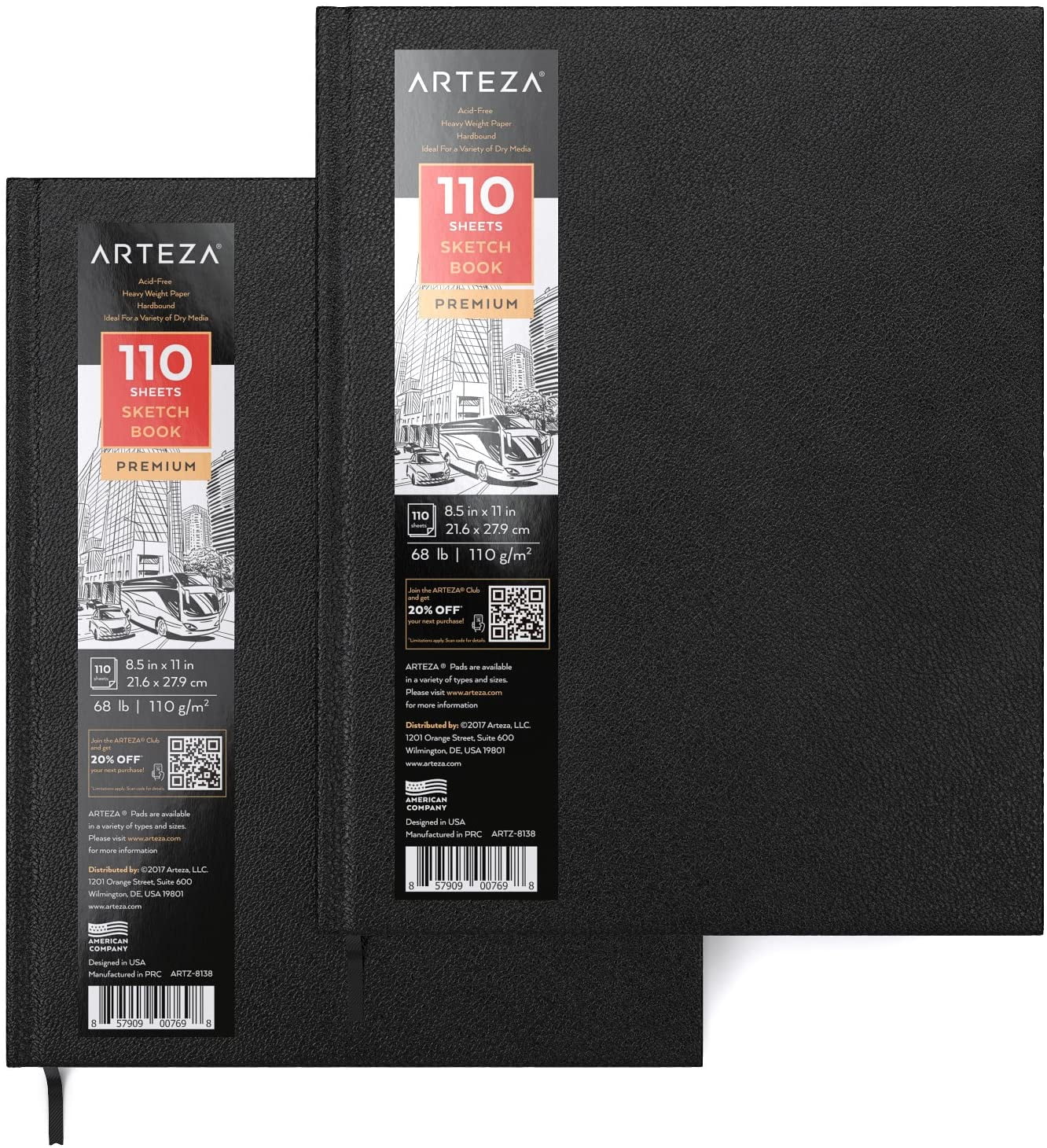 Arteza Art Sketch Book 2-Pack, 8.25x8.25 Inch Drawing Book, 100 Sheets,  Dusty Blue Square Linen-Bound Hardcover Sketch Pad, 110lb 180gsm, Acid-Free