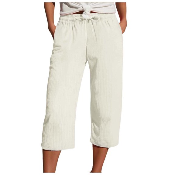 Vdoaml Muslin Capri Pants for Women Loose Straight Leg Trousers Ladies Elastic Waist Beach Pant with Drawstring XL Beige