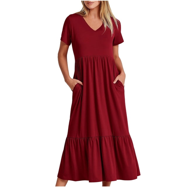 SuoKom Robe de Collation des Grades Robe d'Été pour Femme Décontractée à Manches Courtes Robe à Col en V Robe Décontractée Fluide à Volants Robe Maxi de Plage avec Poches Robe Maxi pour Femme en Liquidation