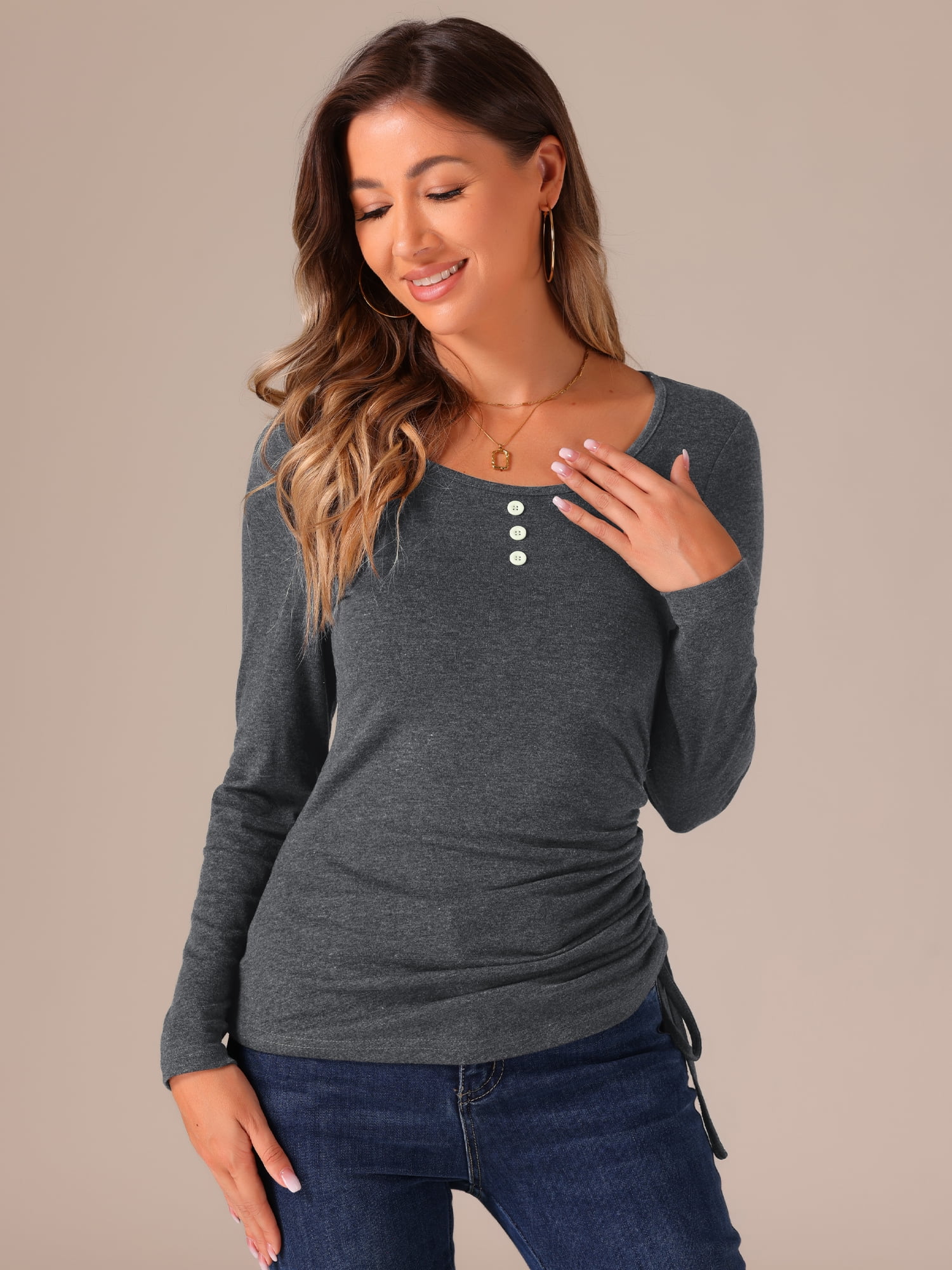 DARING DIVA Women's Scoop Neck Button Ruched Drawstring Tops M Grey