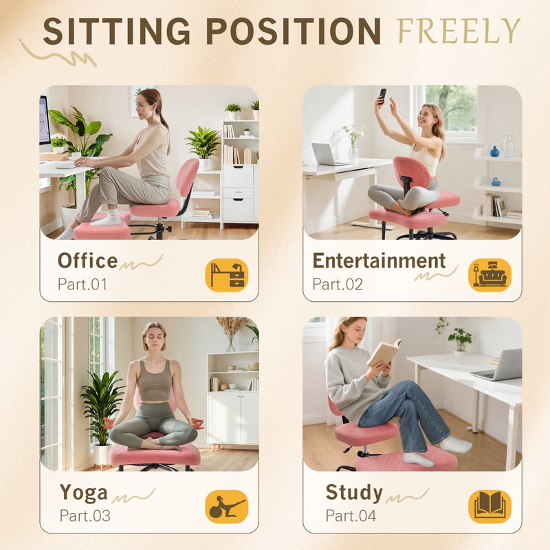 Homall Ergonomic Cross Legged Chair,360°Swivel Wheels, Height Adjustable Ergonomic Kneeling Desk Chairs for ADHD,Meditation ,Yoga and Home Office with Strong Lumbar Support,Teddy Fabric,Pink
