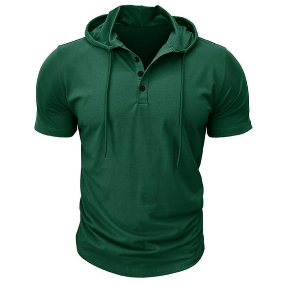 PIOMLL Mens Shirts & Blouses Solid Color Hooded Short Sleeve Soft Blend Everyday Comfort Style Green Classic Fall Tees L