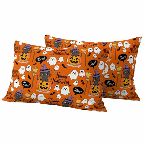 Purple Halloween Outdoor Waterproof Pillow Covers, Pumpkins Cat Ghost Black Bat Decorative Rectangle Throw Pillowcase Sofa Cushion Sham for Patio/Couch/Chair, 20"x12" 2 Pack