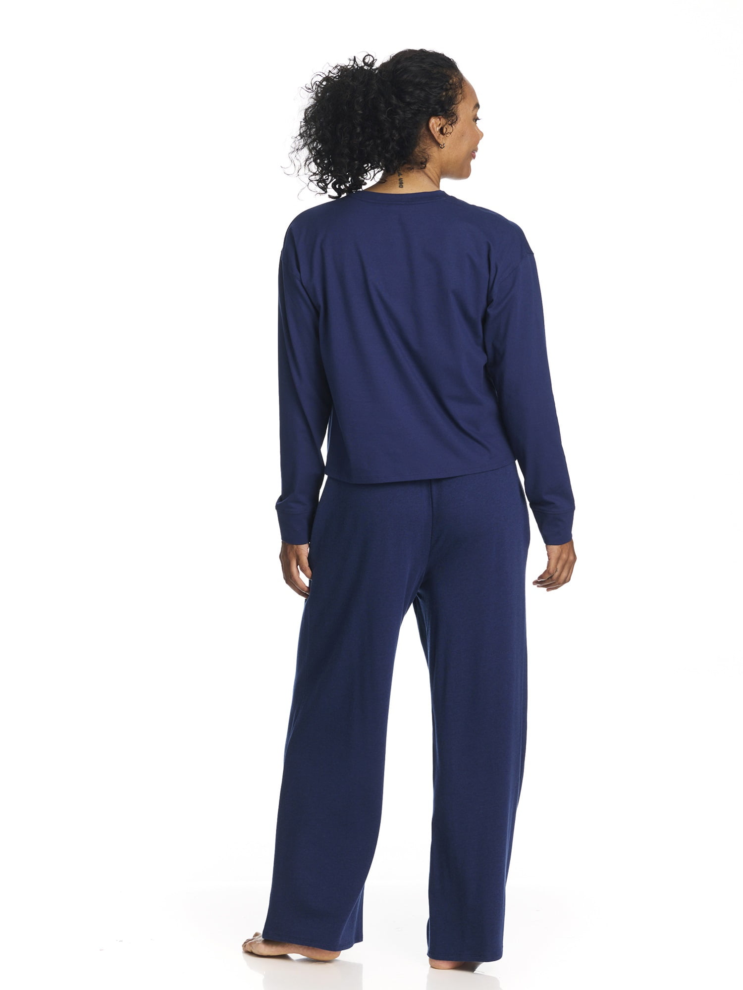 U.S. Polo Assn. Women's Long Sleeve Cotton Span Top and French Terry Wide Leg Pant Pajama Sleep Set, 2-Piece, Sizes S-3X