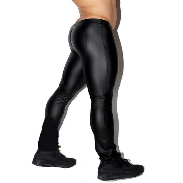 Men Pu Leather Legging Wet Look Skinny Pouch Open Pants Trousers