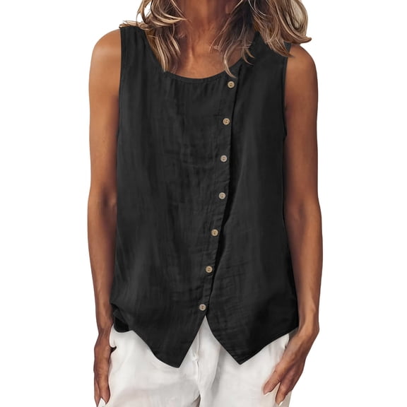 DeHolifer Linen Tank Tops for Women Summer Sleeveless Button Crewneck Linen Shirts Trendy Beach Casual Blouses Black S