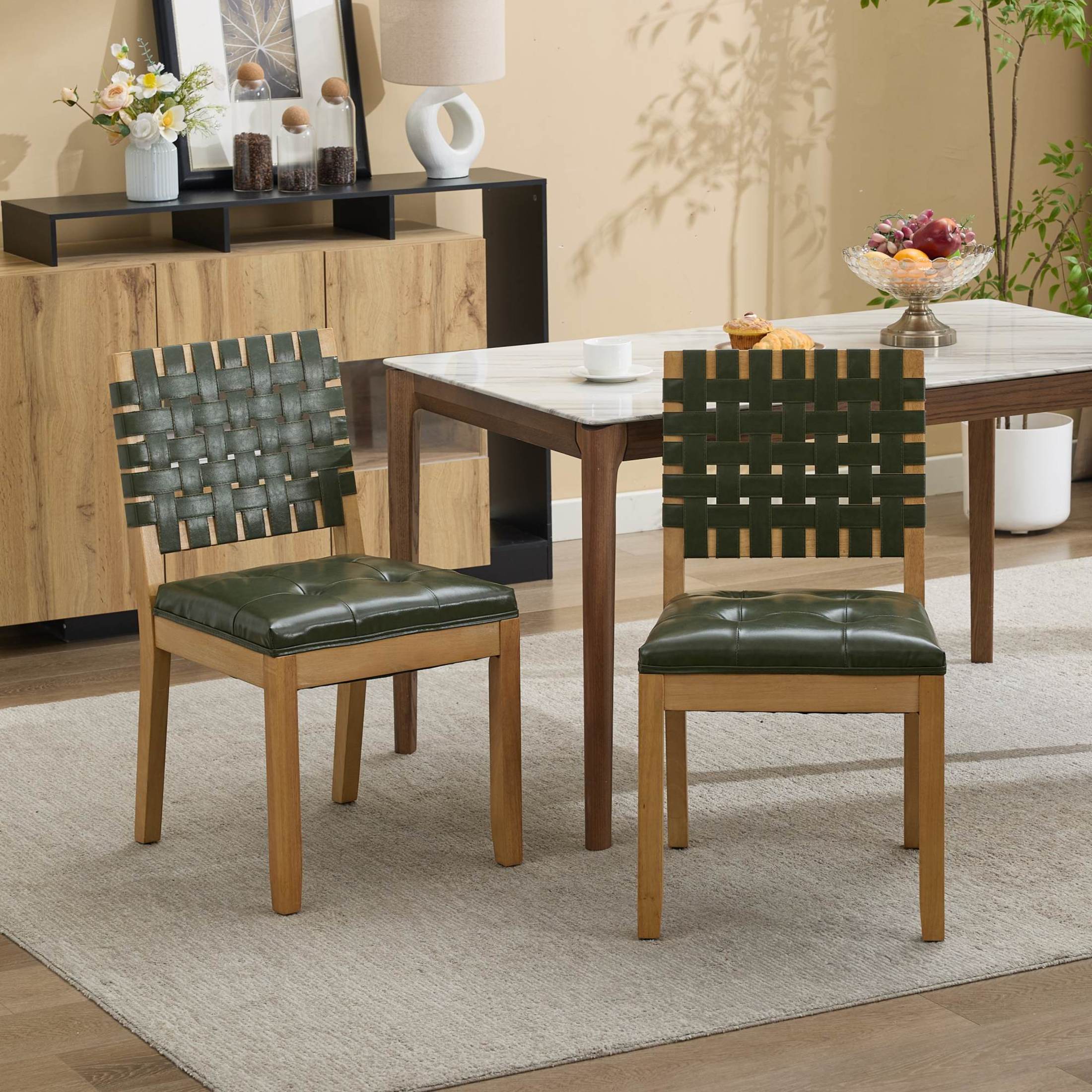 GDF Studio 22" Dining Chairs Set of 2 with Woven PU Leather Back & Button-Tufted Seat, Hunter Green