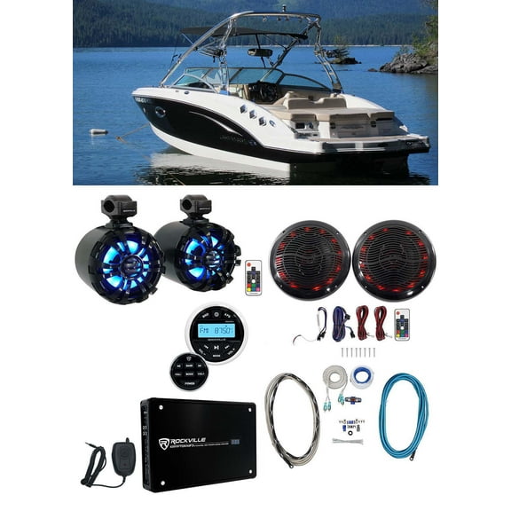 2 Rockville 6.5" LED Swivel Black Marine Wakeboard Coaxial Speakers Receiver Amp