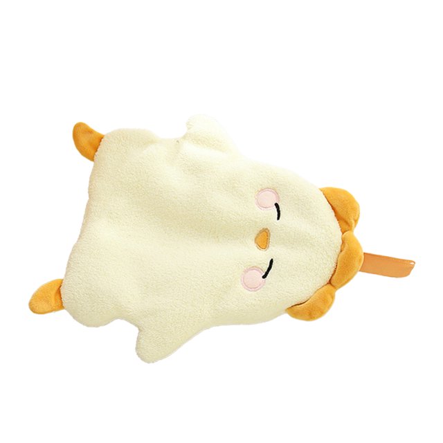 Animal Hand Dry Towel by Dewin, featuring a soft coral fleece material in a cute animal design resembling a chick with closed eyes and orange accents. This lightweight towel, weighing approximately 50 g, is highly absorbent, soft, and comfortable with double-sided velvet texture. It includes a wall-mounted loop for convenient storage, making it ideal for use in bathrooms, kitchens, or offices. The towel is machine washable and retains its texture and color after multiple uses.