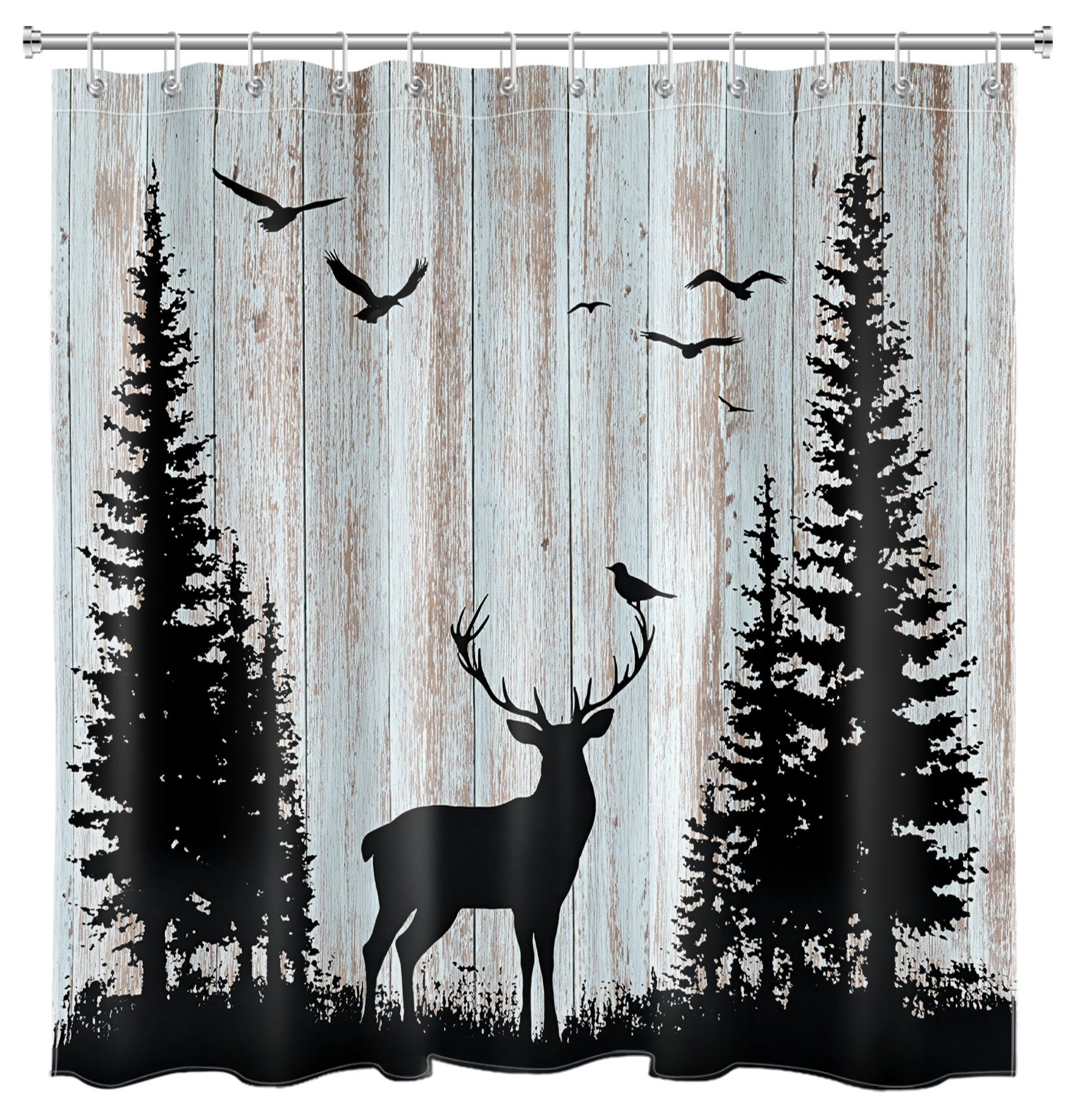 HVEST Rustic Forest Deer Shower Curtain with Farmhouse Cabin Wildlife Animal Design - Vintage Wood Bathroom Decor, Waterproof Polyester Fabric, Includes 12 Hooks, 72x72 Inches
