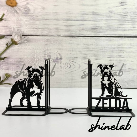 Shinelab Staffordshire Bull Metal Bookend Dog Lover Name Bookend, Pet Bookshelf Decor 5477