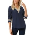 thumbnail image 4 of INSPIRE CHIC Women's Tops 3/4 Sleeves V Neck Casual Contrast Color Lace Trim Blouses S Navy Blue, 4 of 5