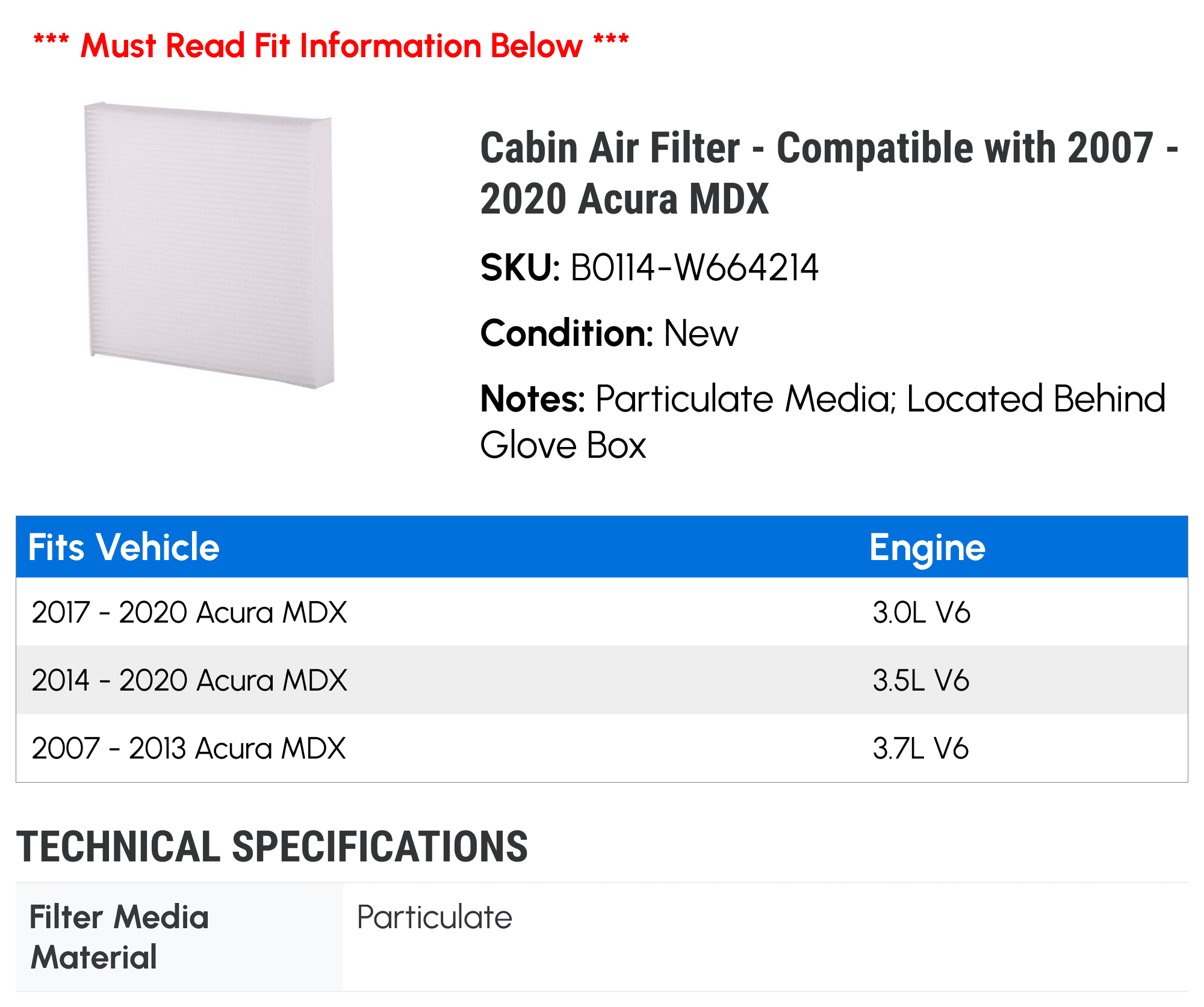 Cabin Air Filter - Compatible with 2007 - 2020 Acura MDX 2008 2009 2010 2011 2012 2013 2014 2015 2016 2017 2018 2019