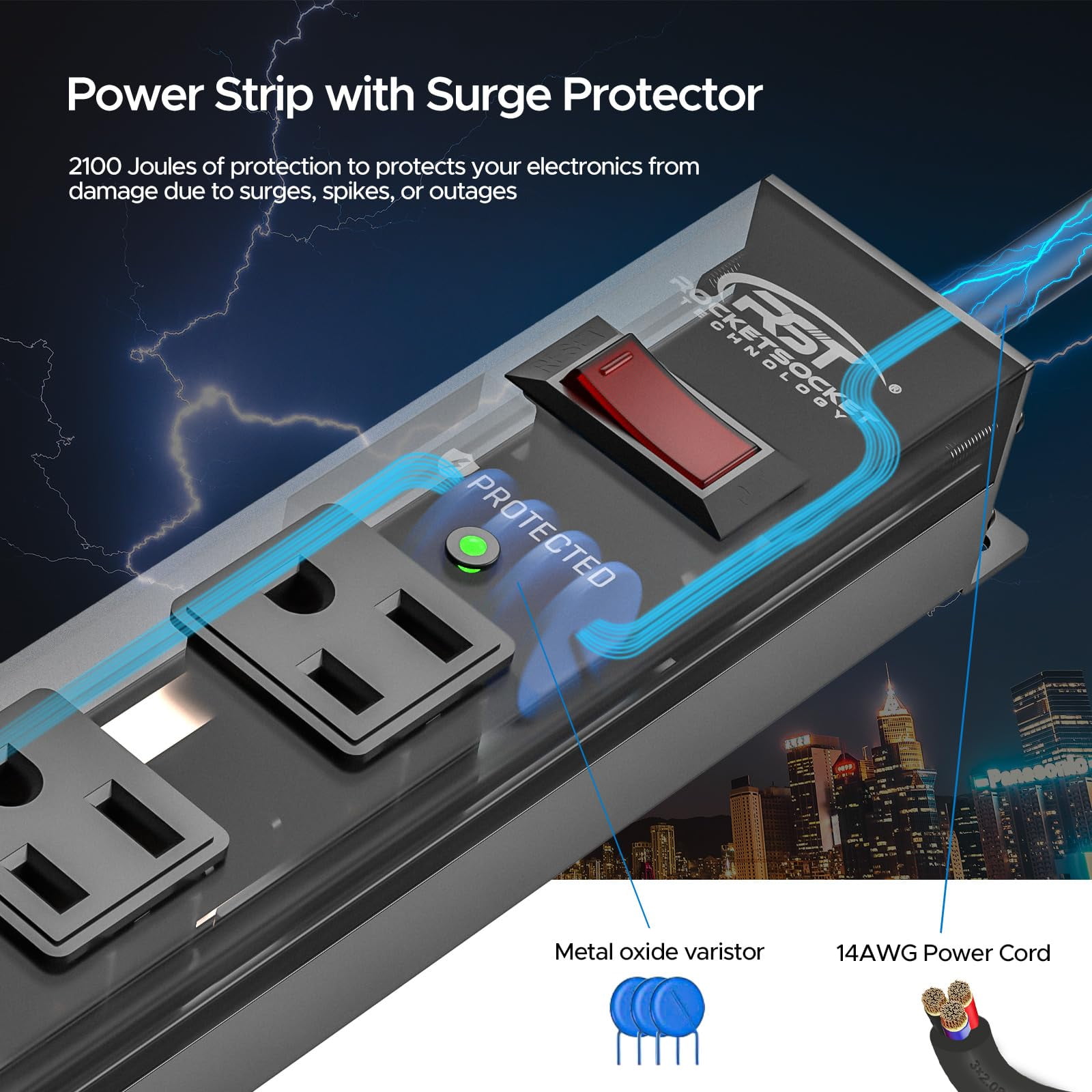 CRST Long Surge Protector Power Strip Mountable 12 Outlets with Flat Plug 15ft Long Extension Cord 2100J Metal Heavy Duty Industrial Power Bar for Workshops, Garages and Use Under Cabinet, Black