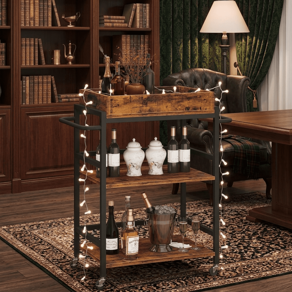 Fenbeli 3-Tier Rolling Kitchen Cart, Brown Wood and Metal Microwave Stand with Removable Storage Box and Locking Wheels, Coffee Cart for Kitchen Dorm and Laundry Room